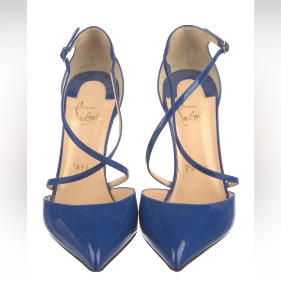 Christian Louboutin | Electric Blue Patent Leather Criss Cross Blake 100 Pumps - Picture 6 of 17